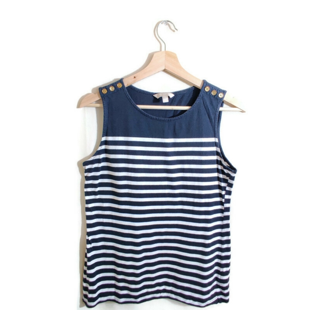 BANANA REPUBLIC Women Blue & White Striped Sailor Gold Button Sleeveless Shirt M